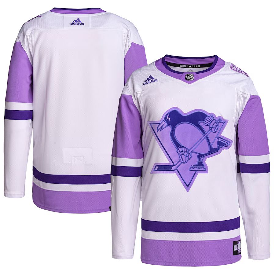 Men Pittsburgh Penguins adidas White Purple Hockey Fights Cancer Primegreen Authentic Blank Practice NHL Jersey
